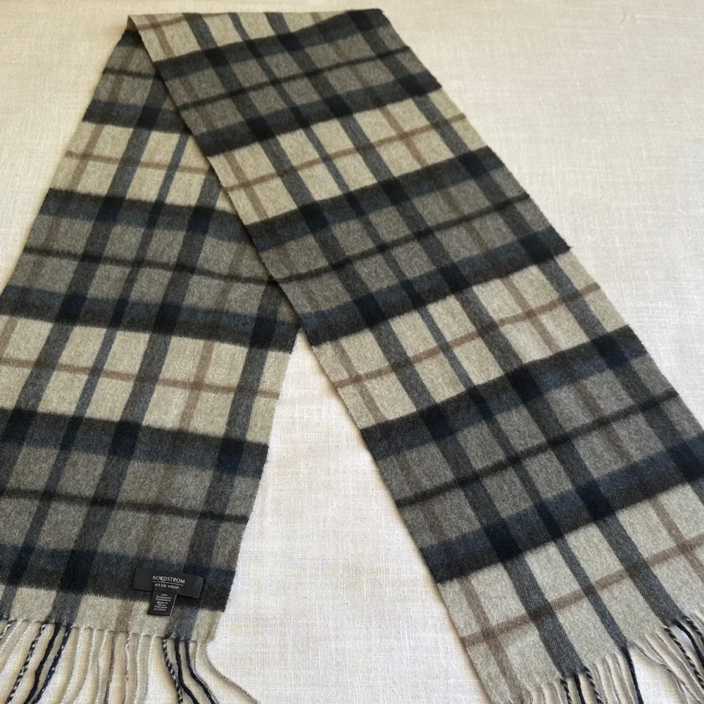 Nordstrom 100% Cashmere Plaid Fringe Scarf 11.5”x78” NEW
